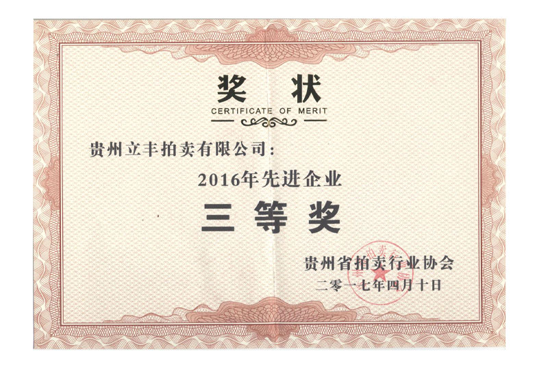 贵州省拍卖行业协会2016年先进企业三等奖